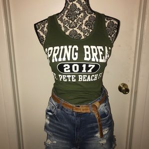 Green racer back with high rise denim shorts
